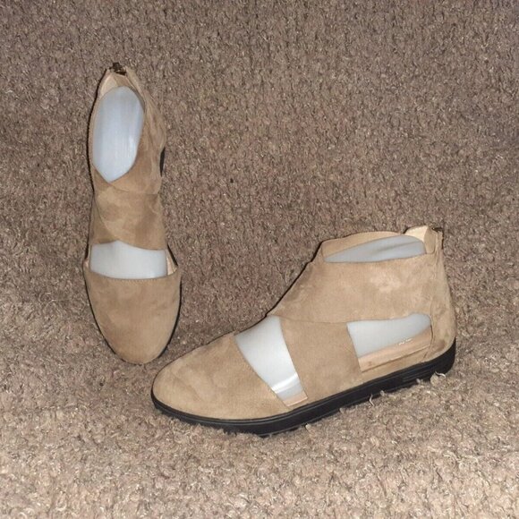 EILEEN FISHER-Light Brown Suede Platform Sandals-Back Zip-Sz 7.5-Near Mint - Picture 1 of 6